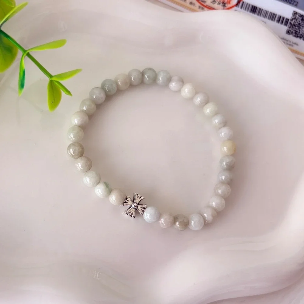 Authentic Jadeite Beaded Bracelet White Jade with Silver Cross Charm 11.23g